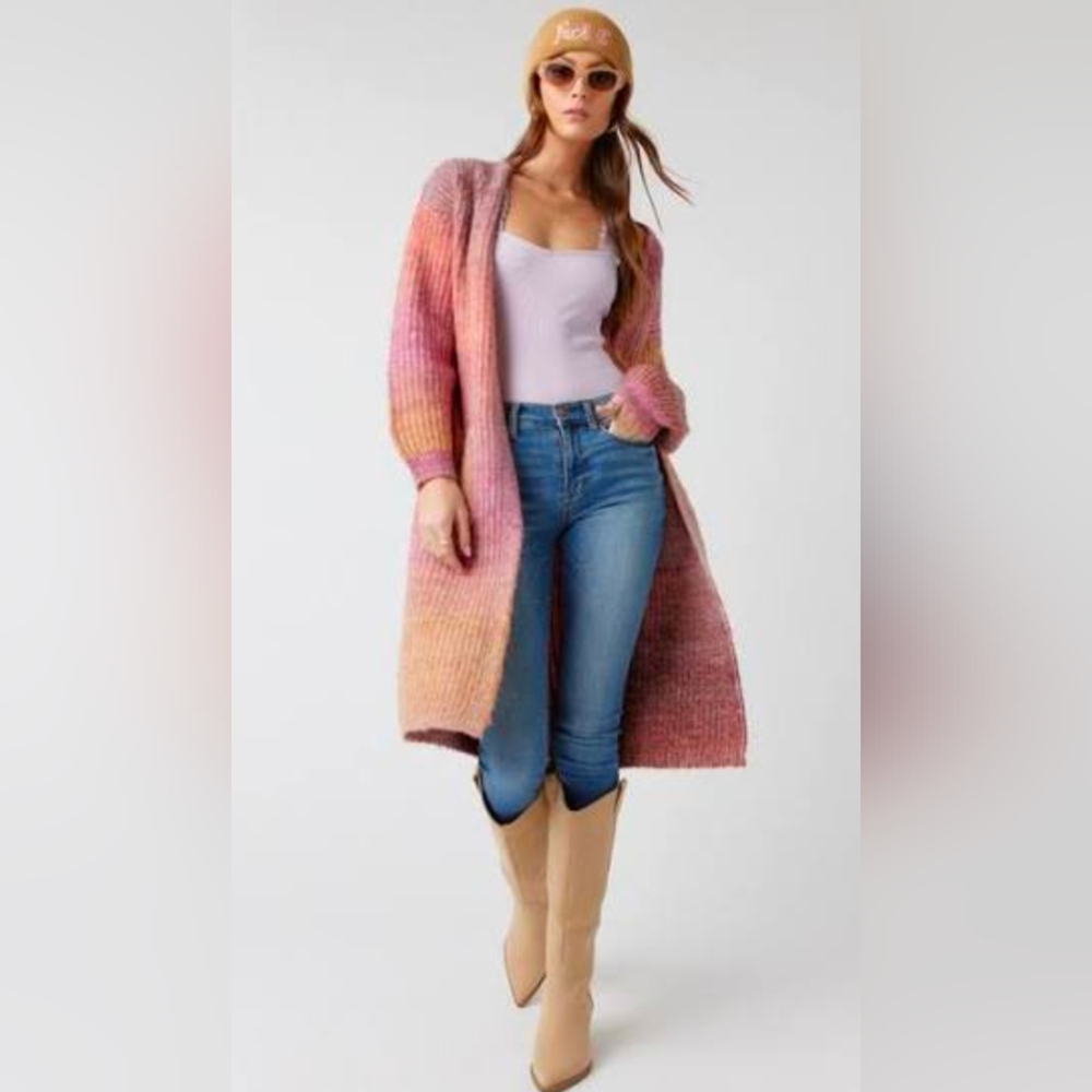 Francesca's Rachel Long Pink And Orange Women's Sweater Cardigan